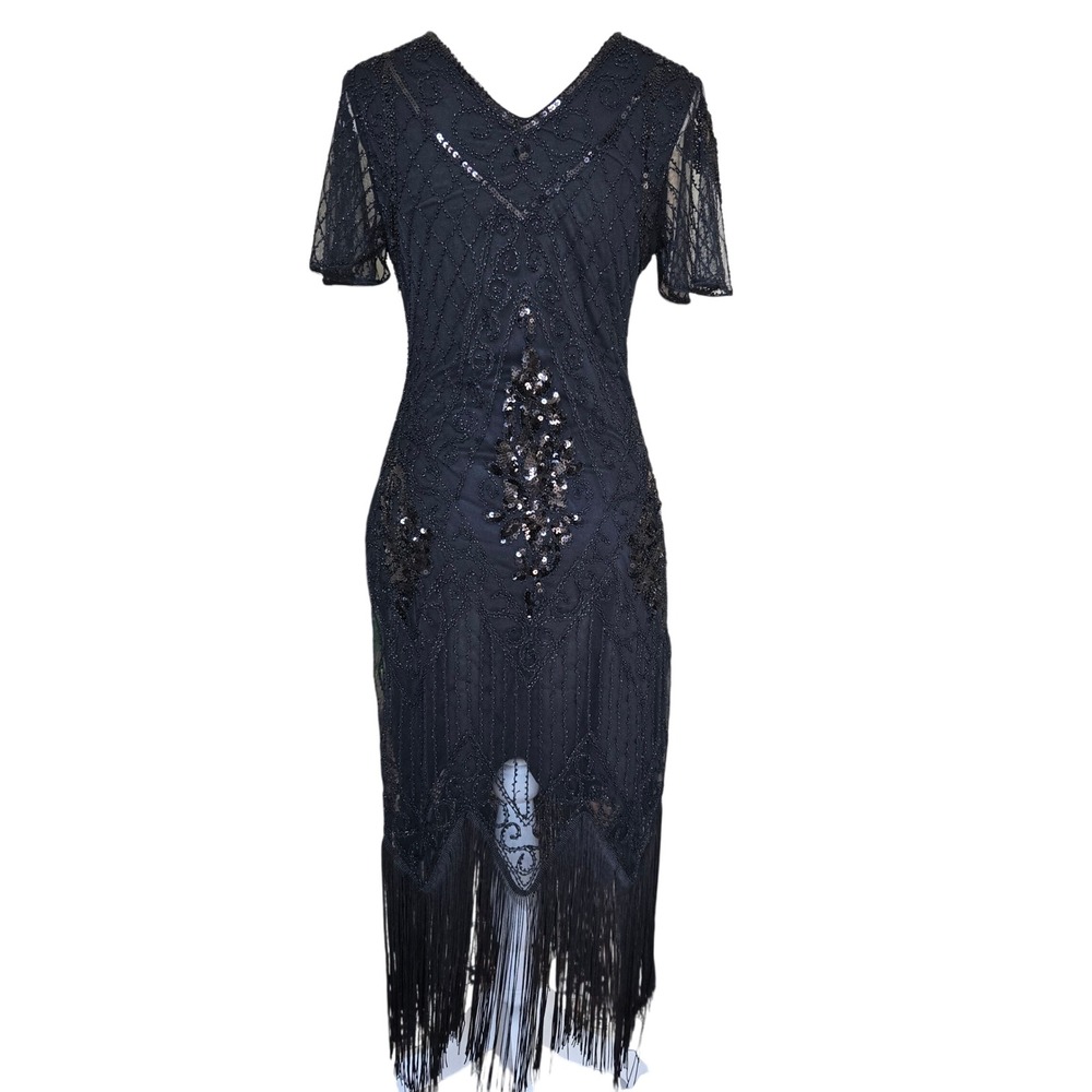 Unbranded M Flapper Dress Women Black Excellent Beaded Sequin Fringe Art Deco